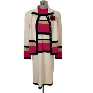 Vintage St.John Collection Santana Knit‎ Dress Jacket Pin Set Pink Cream 10 USA